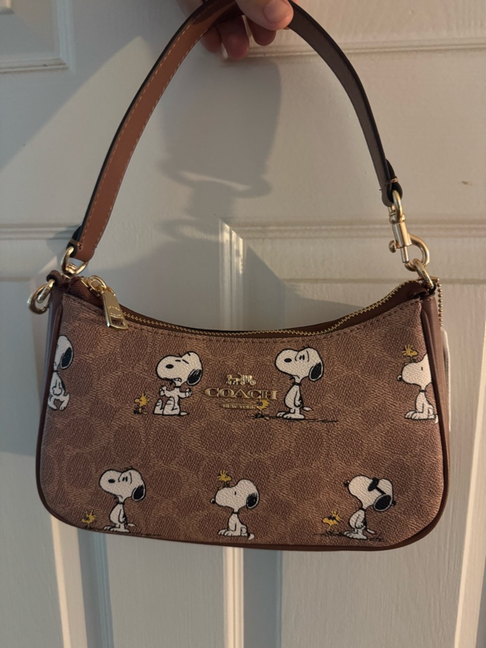 COACH Brown Signature Canvas Snoopy Shoulder Bag